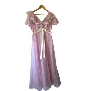 Vintage Pink High Waisted Prom Formal Dress 8/10 Taffeta Pink Sheer Ruffles Bow